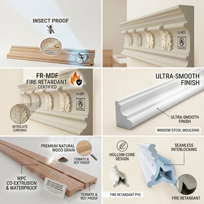 Moisture Resistant Wood Moulding Damp Proof 4.88m Primed Baseboard Trim Interior Use
